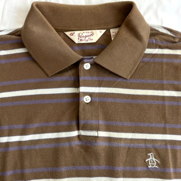 Penguin Polo Stiped Brown Short Sleeve Shirt Medium Y2K Cotton - Picture 5 of 11